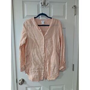 Sigrid Olsen, 100 Linen, Med Coral, Tunic Button Down, Pockets, Roll Tab Sleeves
